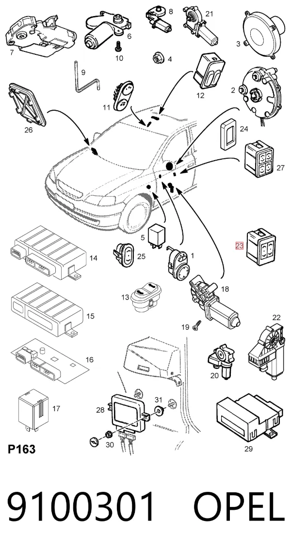 Panel przyciskowy sterowania podnośnikiem szyby przedni lewy 9100301 Opel