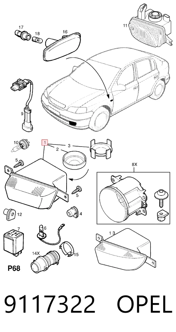 Lampa przeciwmgielna prawa 9117322 Opel