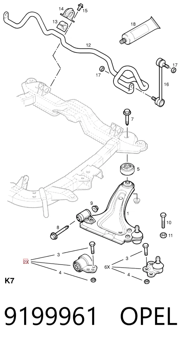 Silentblock przedniego wahacza dolnego 9199961 Opel