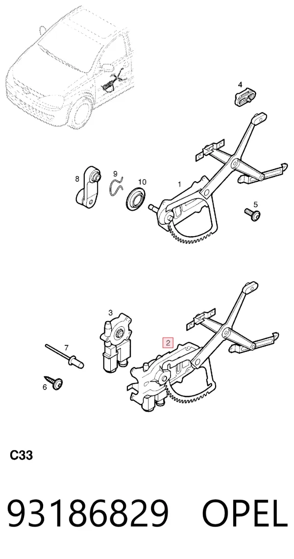 Mechanizm podnoszenia szyby drzwi przednich prawych Opel Combo B