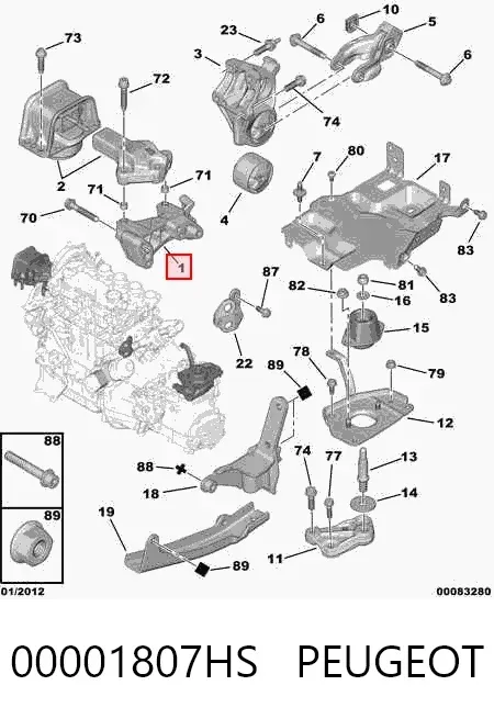 Wspornik prawej poduszki (podpory) silnika 00001807HS Peugeot/Citroen
