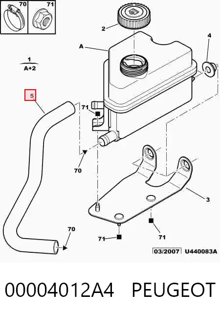 Przewód hydraulicznego układu wspomagania niskiego ciśnienia, od zbiornika do pompy 00004012A4 Peugeot/Citroen