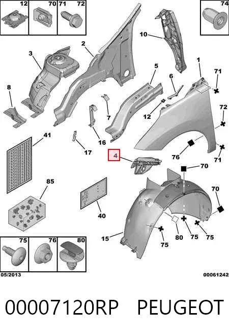 Wspornik do mocowania błotnika przedniego prawy przedni 00007120RP Peugeot/Citroen