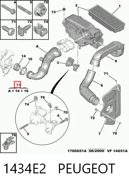 Króciec powietrza, wylot filtra powietrznego 1434E2 Peugeot/Citroen