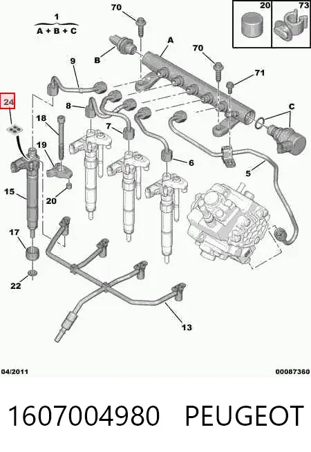 Pierścień uszczelniający króciec rury tłocznej wtryskiwacza 1607004980 Peugeot/Citroen
