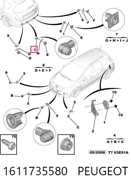 Czujnik parkowania tylny 1611735580 Peugeot/Citroen