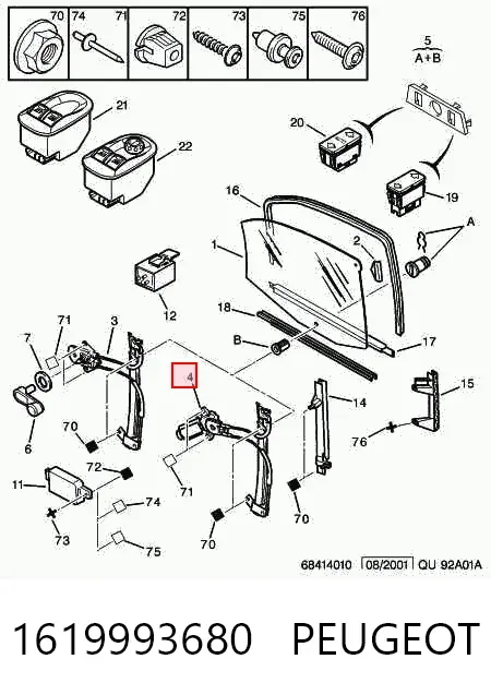 Mechanizm podnoszenia szyby drzwi przednich prawych 1619993680 Peugeot/Citroen