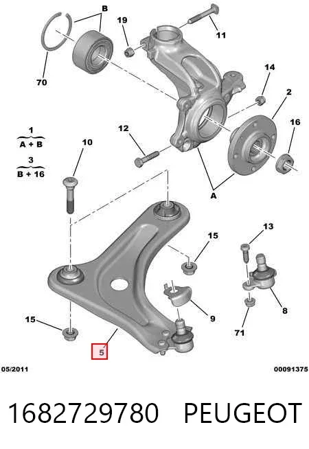 Wahacz zawieszenia przedniego dolny prawy 1682729780 Peugeot/Citroen