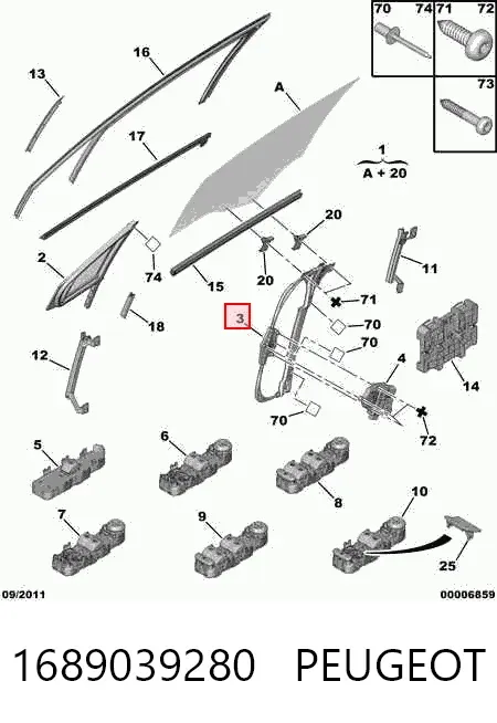 Mechanizm podnoszenia szyby drzwi przednich prawych 1689039280 Peugeot/Citroen