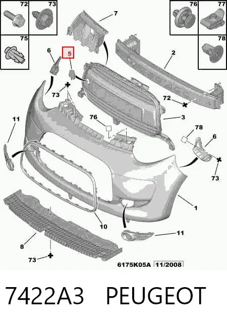 Zaślepka haku holowniczego zderzaka przednia 7422A3 Peugeot/Citroen