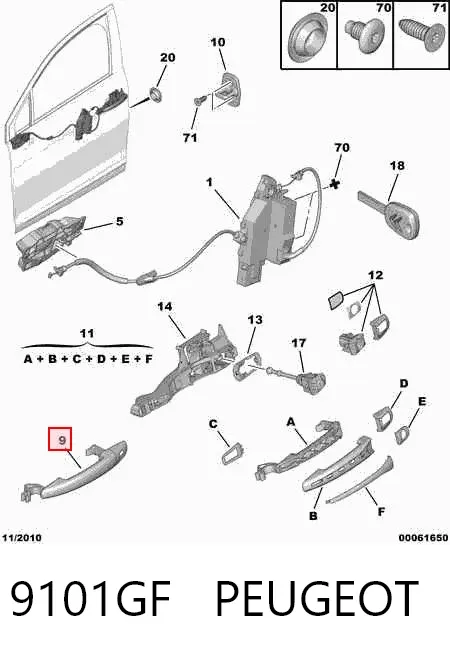 Klamka drzwi lewych zewnętrzna przednia/tylna 9101GF Peugeot/Citroen
