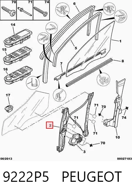 Mechanizm podnoszenia szyby drzwi przednich prawych 9222P5 Peugeot/Citroen