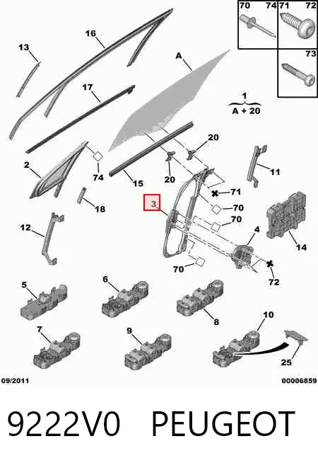 Mechanizm podnoszenia szyby drzwi przednich prawych 9222V0 Peugeot/Citroen