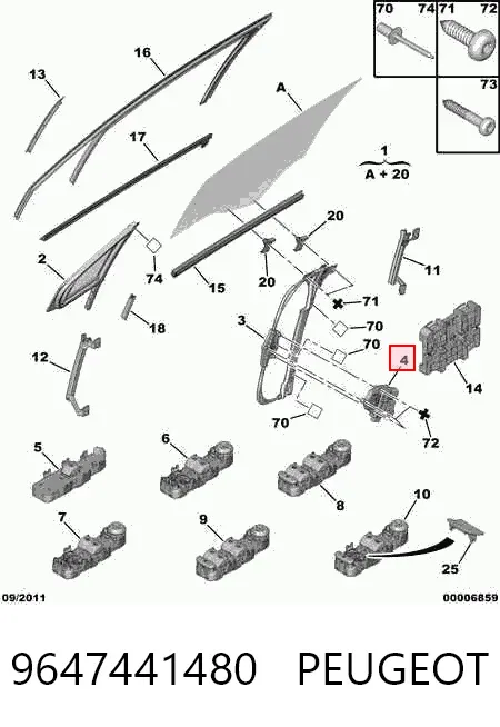 Silniczek podnośnika szyby drzwi przednich lewych 9647441480 Peugeot/Citroen