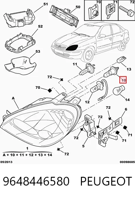 Reflektor prawy 9648446580 Peugeot/Citroen