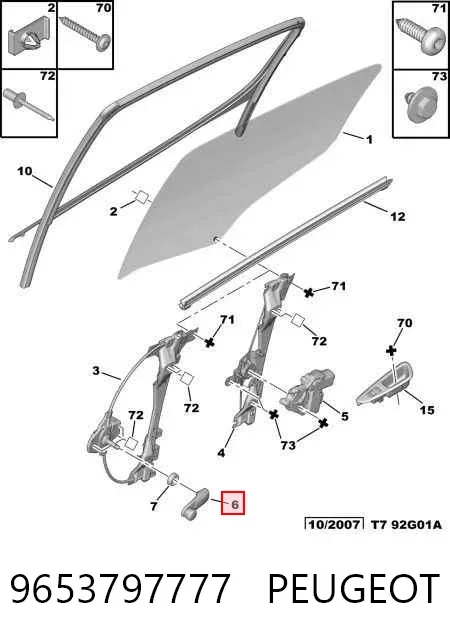 Rączka podnoszenia szyby drzwi tylnych 9653797777 Peugeot/Citroen