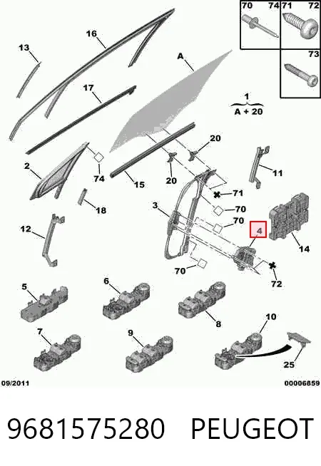 Silniczek podnośnika szyby drzwi przednich lewych 9681575280 Peugeot/Citroen
