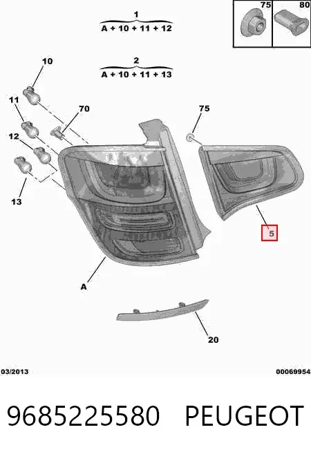 Lampa zespolona tylna lewa wewnętrzna 9685225580 Peugeot/Citroen