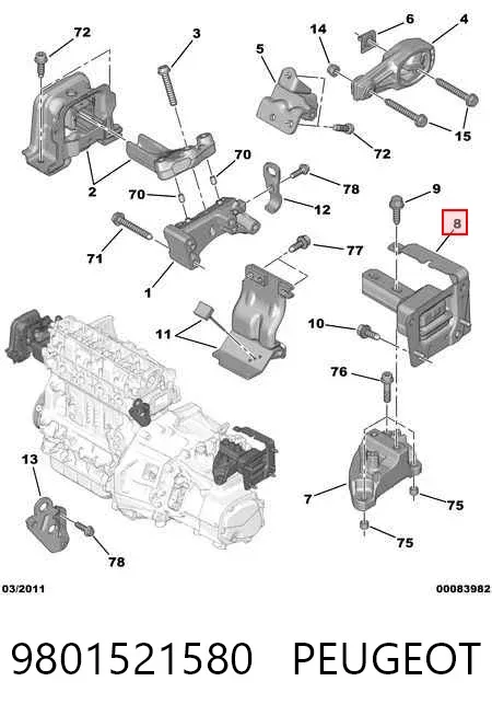 Poduszka (podpora) silnika lewa 9801521580 Peugeot/Citroen