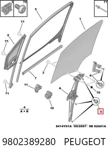 Mechanizm podnoszenia szyby drzwi przednich lewych 9802389280 Peugeot/Citroen