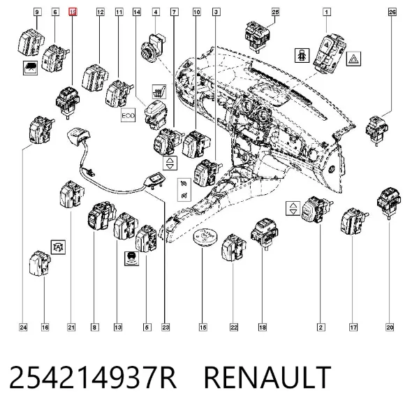 Włącznik przyciskowy podnośnika szyby konsoli centralnej 254214937R Renault (RVI)