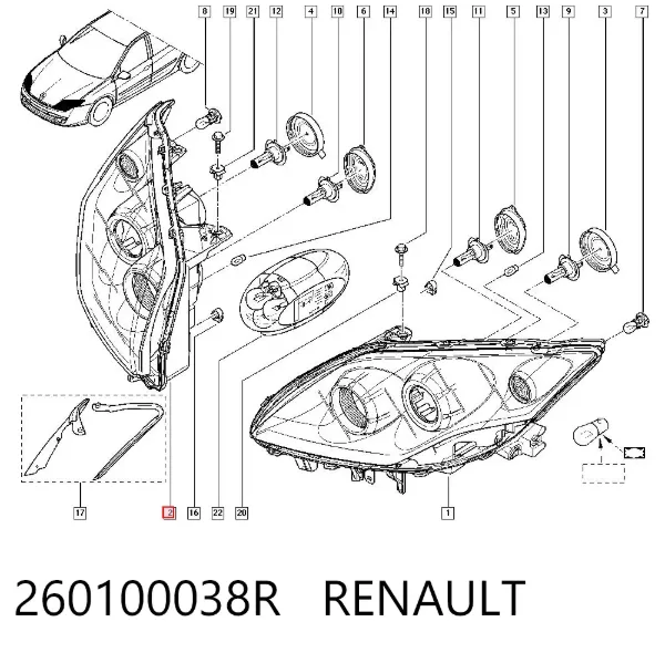 Reflektor prawy 260100038R Renault (RVI)