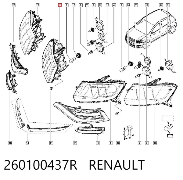 Reflektor prawy 260100437R Renault (RVI)