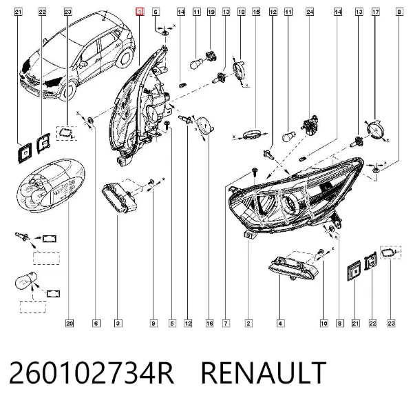 Reflektor prawy 260102734R Renault (RVI)