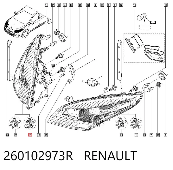 Reflektor prawy 260102973R Renault (RVI)