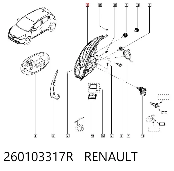 Reflektor prawy 260103317R Renault (RVI)