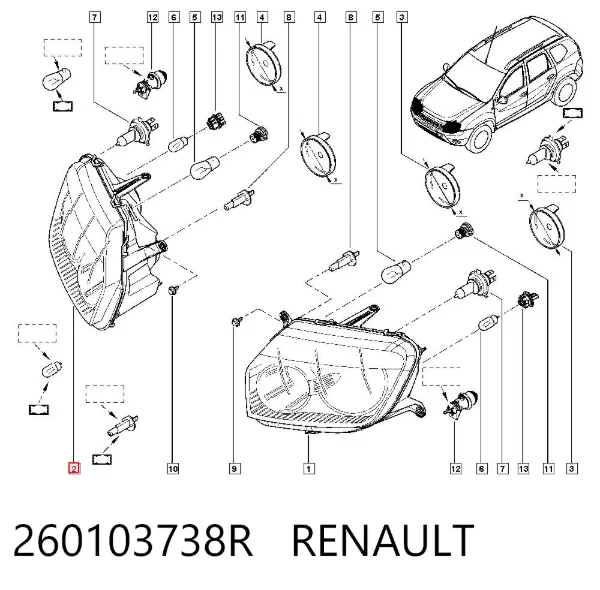 Reflektor prawy 260103738R Renault (RVI)