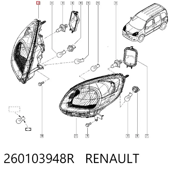 Reflektor prawy 260103948R Renault (RVI)