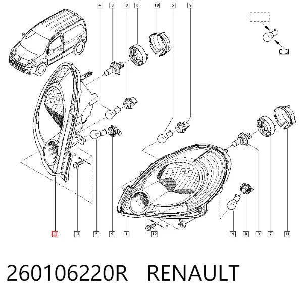 Reflektor prawy 260106220R Renault (RVI)