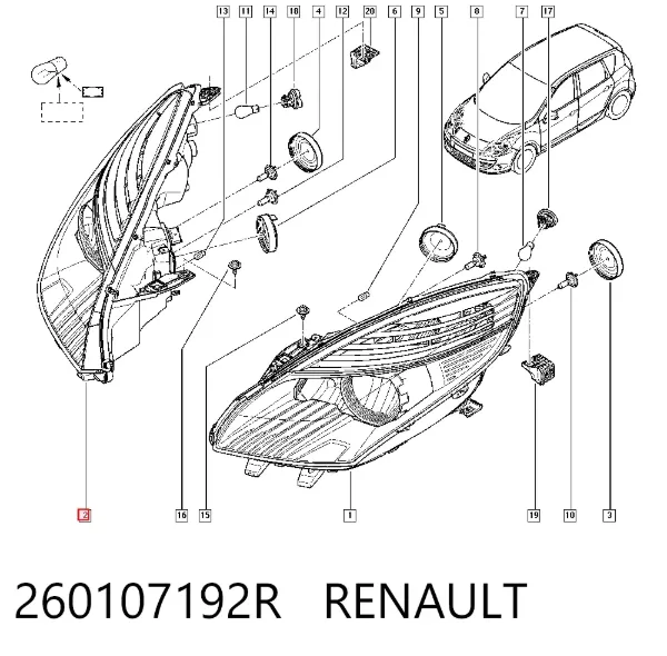 Reflektor prawy 260107192R Renault (RVI)