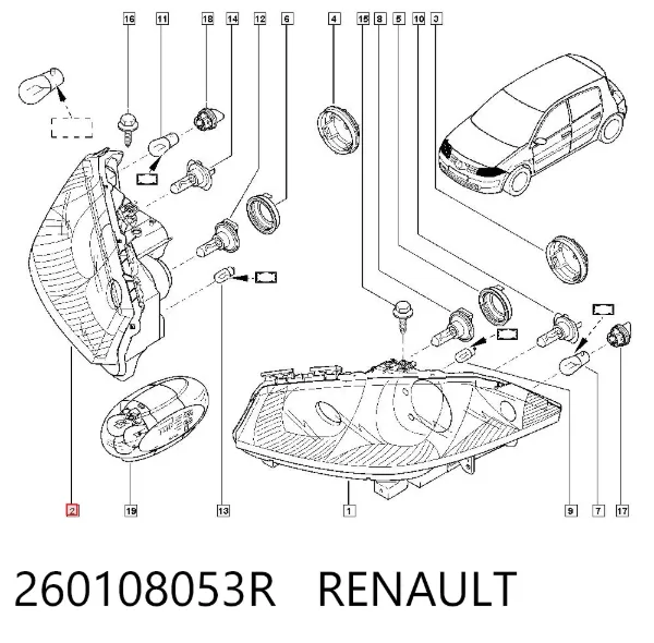 Reflektor prawy 260108053R Renault (RVI)