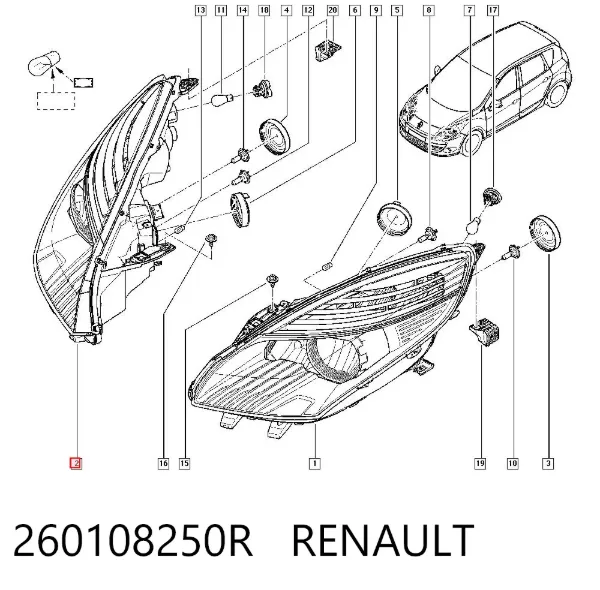 Reflektor prawy 260108250R Renault (RVI)