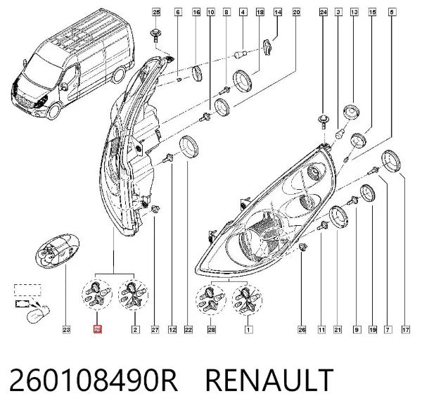 Reflektor prawy 260108490R Renault (RVI)