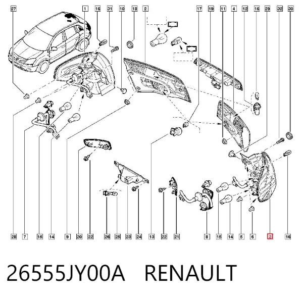 Lampa zespolona tylna lewa zewnętrzna 26555JY00A Renault (RVI)
