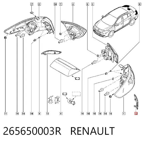 Lampa odblaskowa zderzaka tylnego lewa 265650003R Renault (RVI)