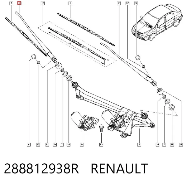 Ramię wycieraczki szyby przedniej 288812938R Renault (RVI)