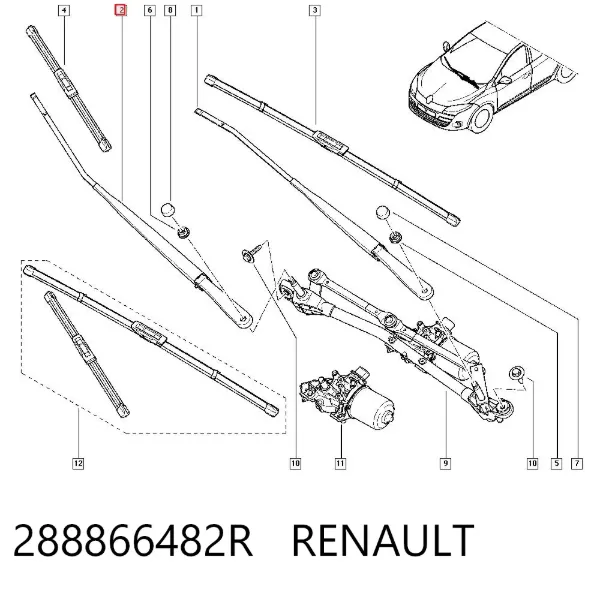 Ramię wycieraczki szyby przedniej 288866482R Renault (RVI)
