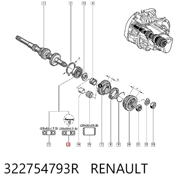 Łożysko wału sprzęgłowego skrzyni biegów 322754793R Renault (RVI)