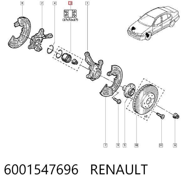 Łożysko piasty przedniej 6001547696 Renault (RVI)