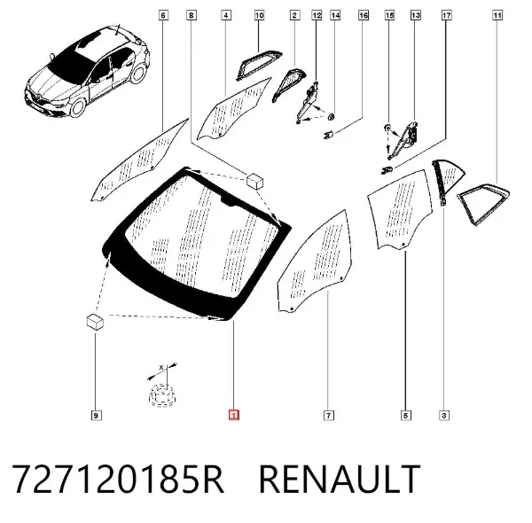 Szyba przednia 727120185R Renault (RVI)