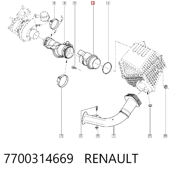 Czujnik przepływu powietrza, przepływomierz powietrza M.A.F. 7700314669 Renault (RVI)