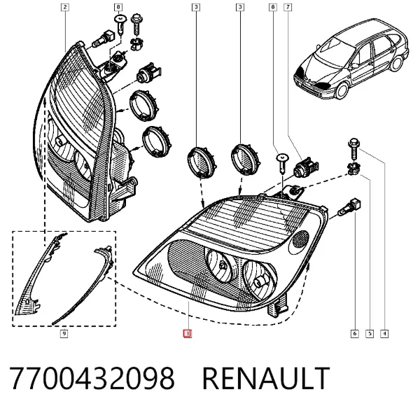 Reflektor lewy 7700432098 Renault (RVI)