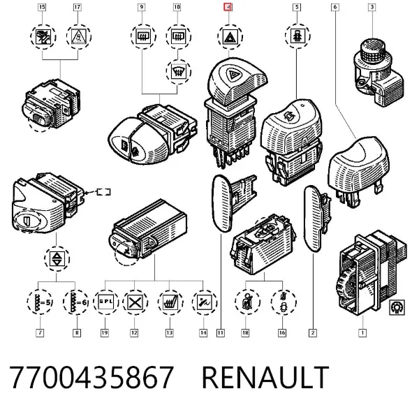 Przycisk włączania światła awaryjnego 7700435867 Renault (RVI)