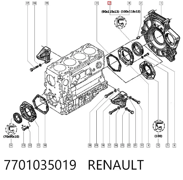 Uszczelniacz wału korbowego silnika tylny 7701035019 Renault (RVI)