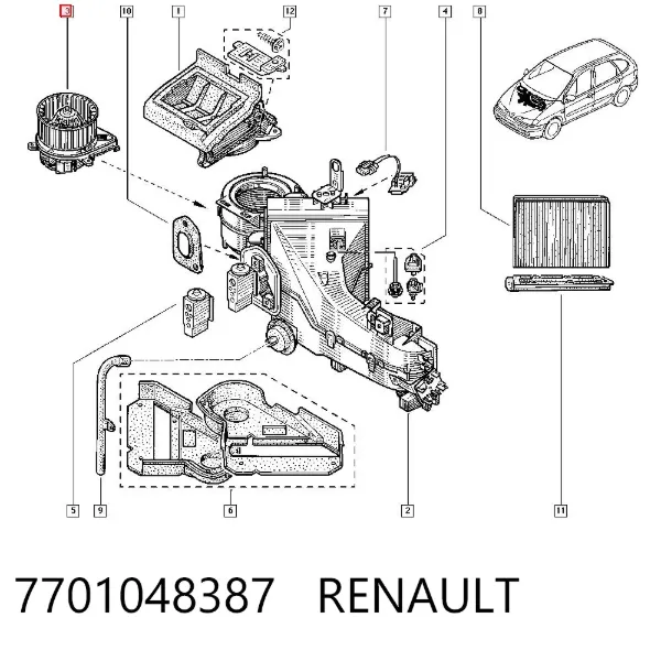 Silniczek wentylatora nagrzewnicy (ogrzewacza wnętrza) 7701048387 Renault (RVI)