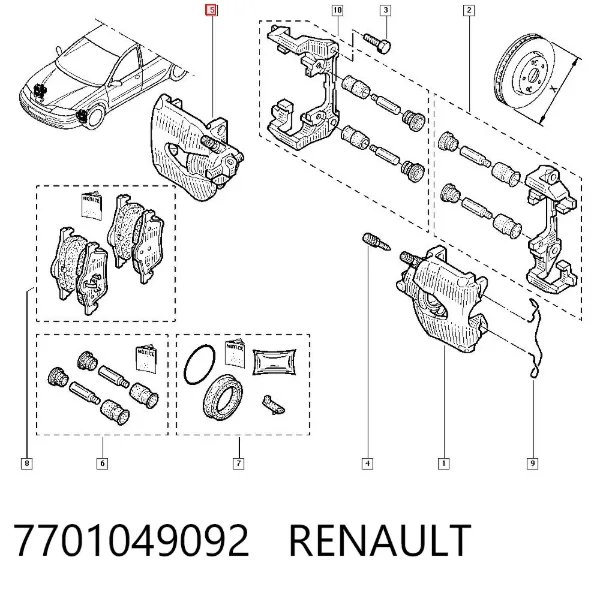 Zacisk hamulcowy przedni prawy 7701049092 Renault (RVI)